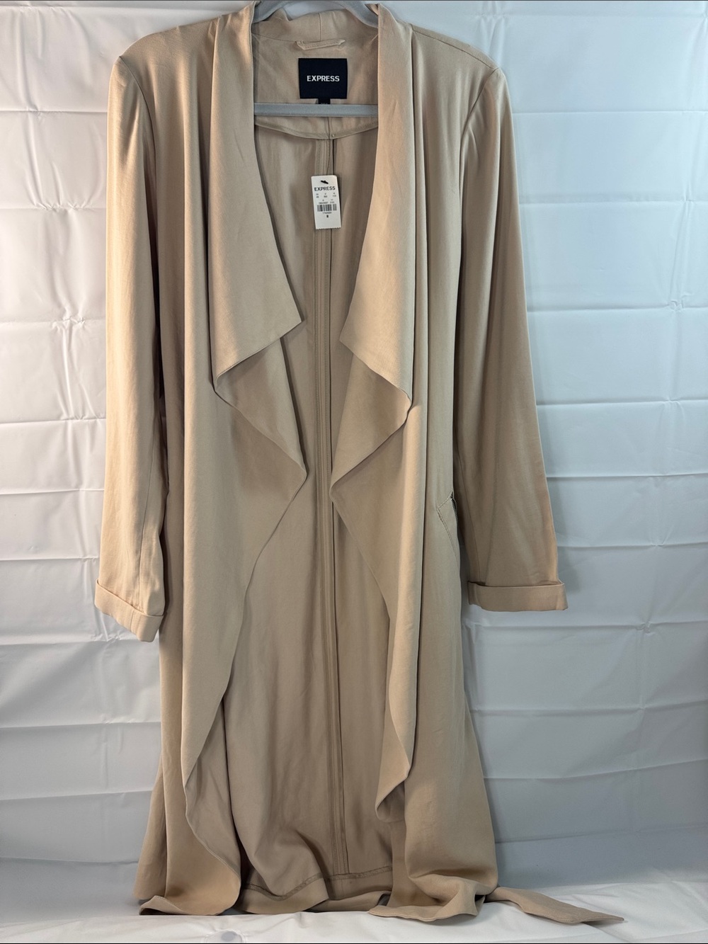 Express Long Draped Trench Coat Women's M Beige Waterfall Duster NWT